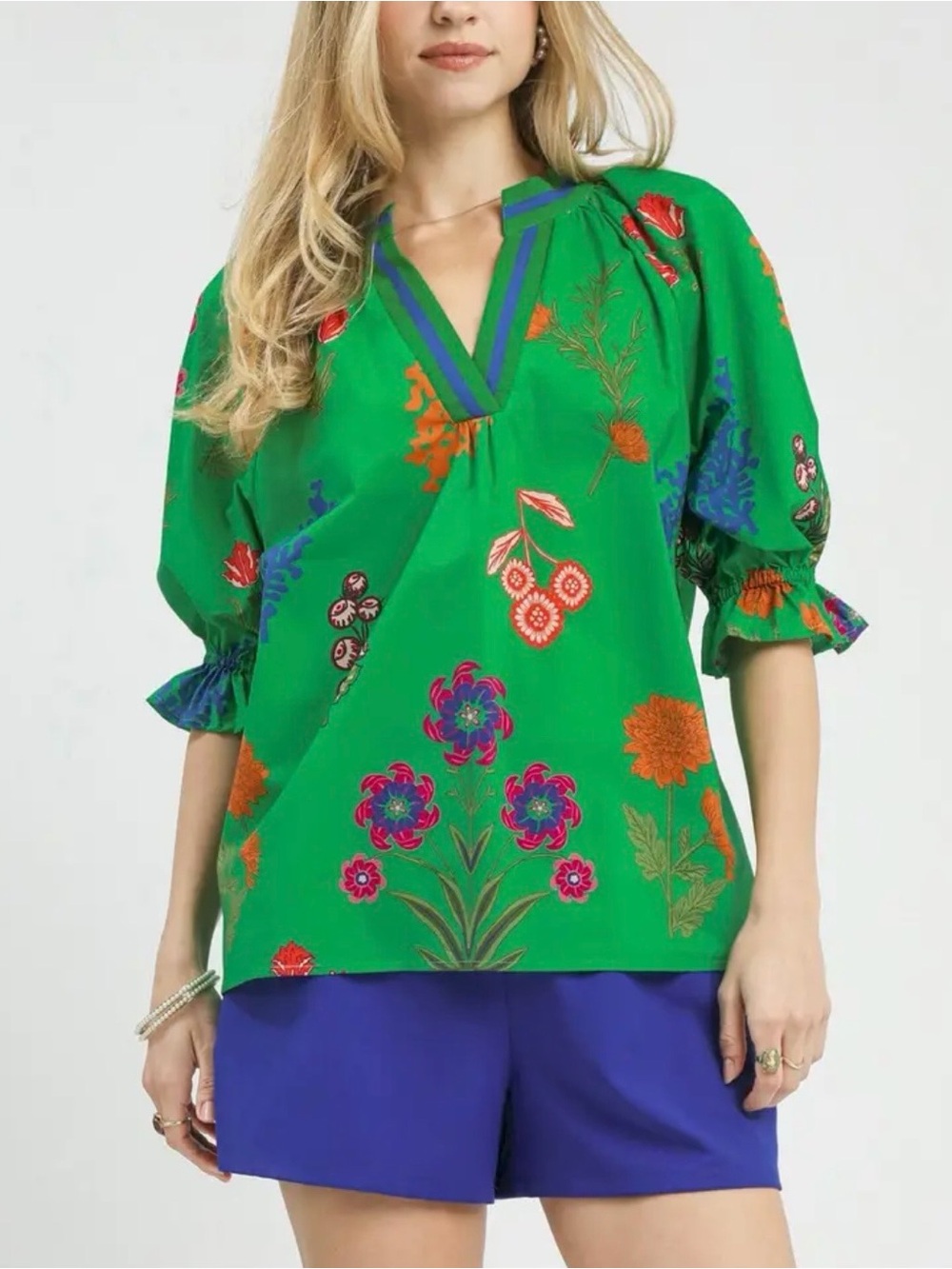 Umgee Bright Green Floral V-Neck Puff Sleeve Blouse